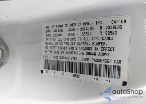 2009 Honda Accord 2.4 Ex-L from USA, damaged, VIN 1HGCS12869A018754